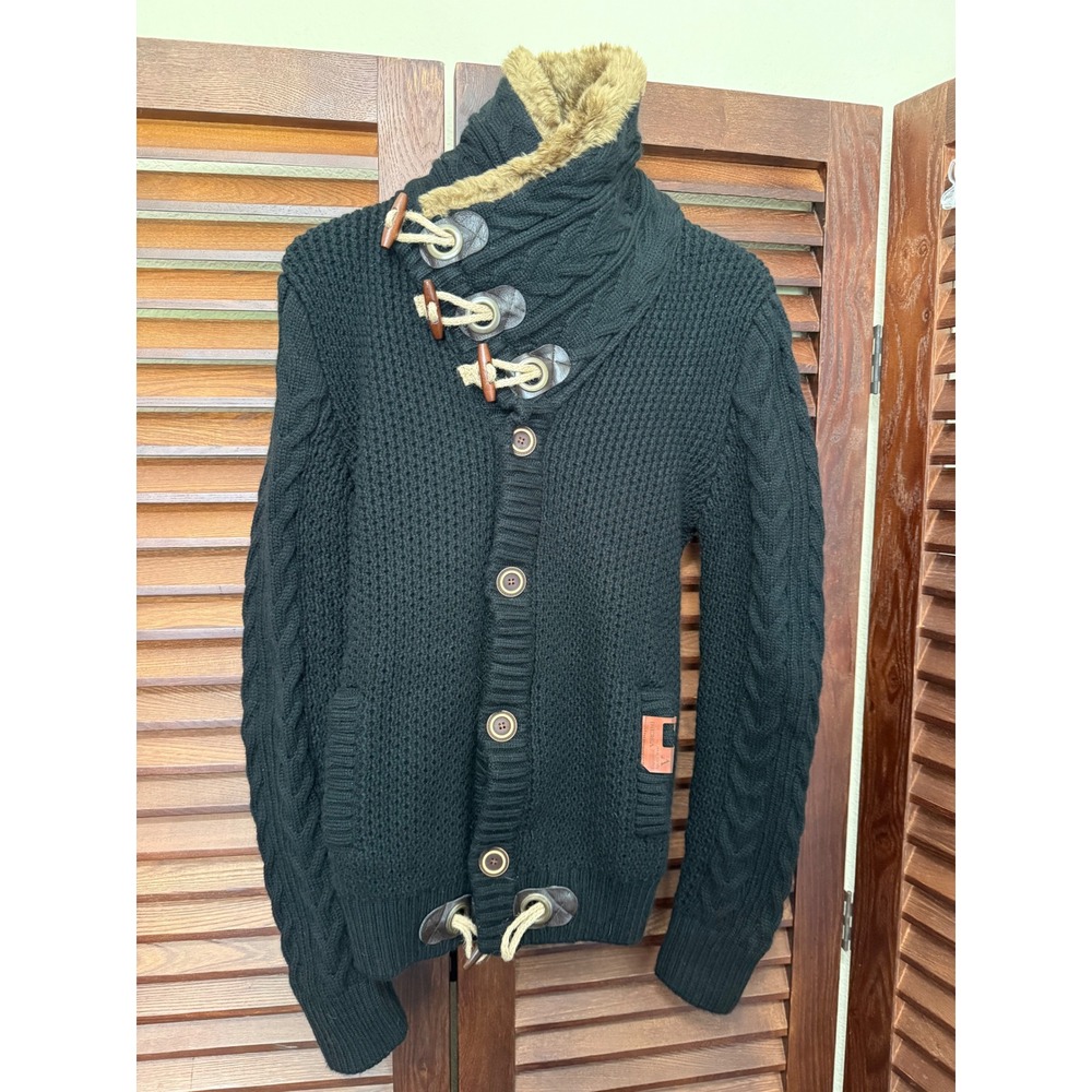Vercini Mens Black Cable Knit Toggle Cardigan Faux Fur Collar Sweater Large